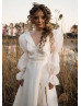 V Neck Ivory Organza Lace Tie Back Airy Wedding Dress